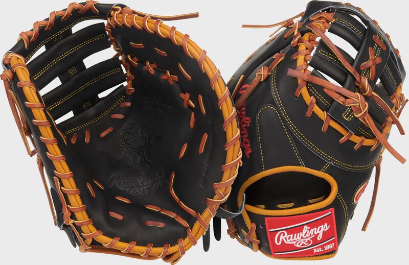 Two images showing the palm & back of a black Rawlings Gameday 57 Series Paul Goldschmidt Heart of the Hide 1st base mitt loading=