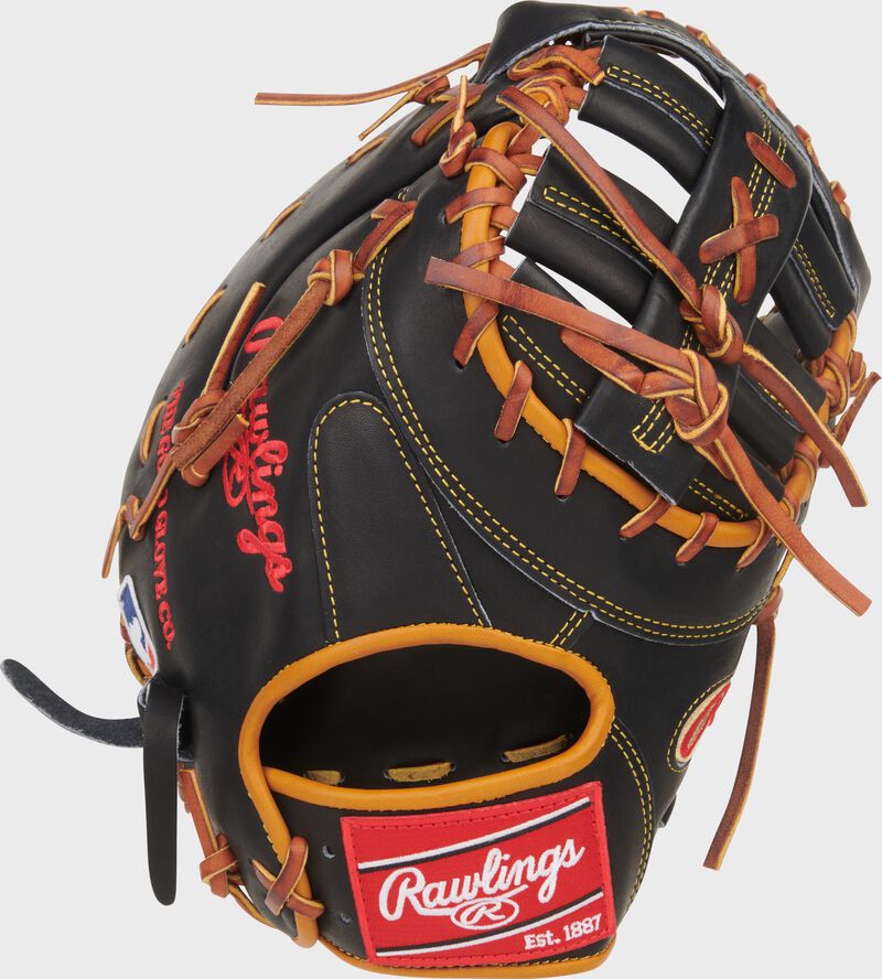 Back of a black Rawlings Gameday 57 Series Paul Goldschmidt Heart of the Hide 1st base mitt with a red Rawlings patch loading=