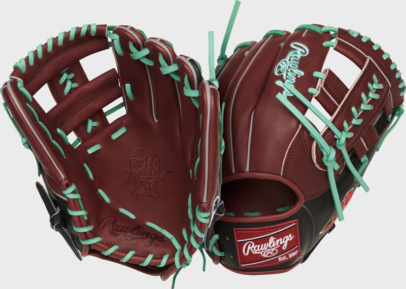 Two images showing the palm & back of a dark sherry/black Arizona Diamnondbacks Heart of the Hide glove loading=