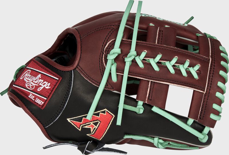 Web back view of sherry and black 2021 Arizona Diamondbacks Heart of the Hide glove loading=