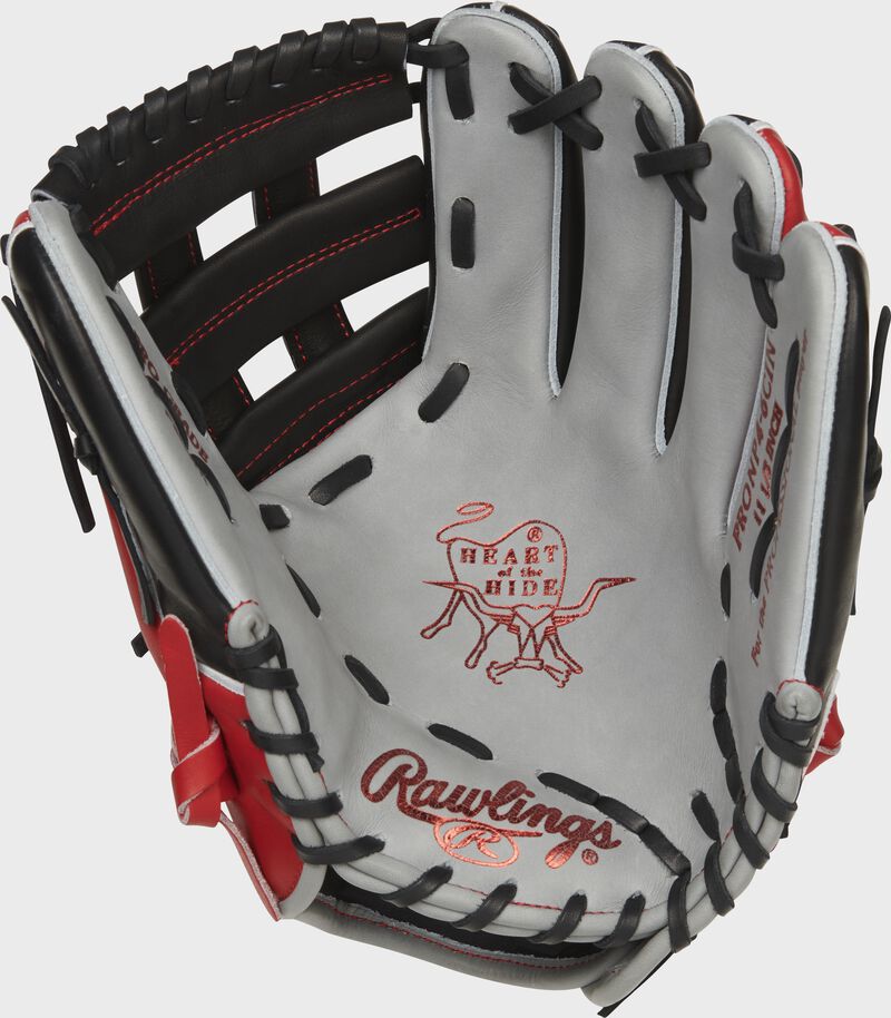 Gray palm of a Rawlings Cincinnati Reds HOH glove with scarlet stamping and black laces - SKU: RSGPRONP4-6CIN loading=