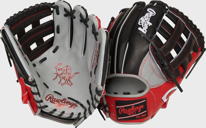 Two images showing the palm & back of a black/scarlet/gray Cincinnati Reds Heart of the Hide glove loading=