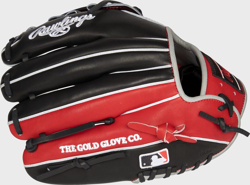 Black/scarlet back of a Cincinnati Reds Heart of the Hide infield glove with the MLB logo on the pinky - SKU: RSGPRONP4-6CIN loading=