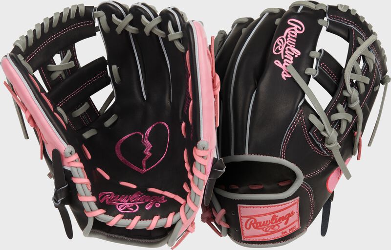 Two images showing the palm & back of a black Rawlings Heart of the Hide Broken Heart 11.5" glove loading=