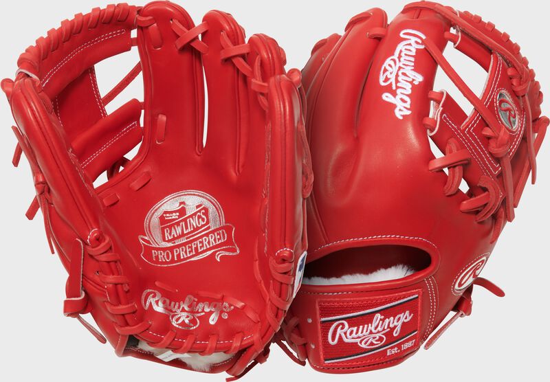 Two images showing the palm & back of a scarlet Gameday 57 Series Andrés Giménez Pro Preferred Glove loading=