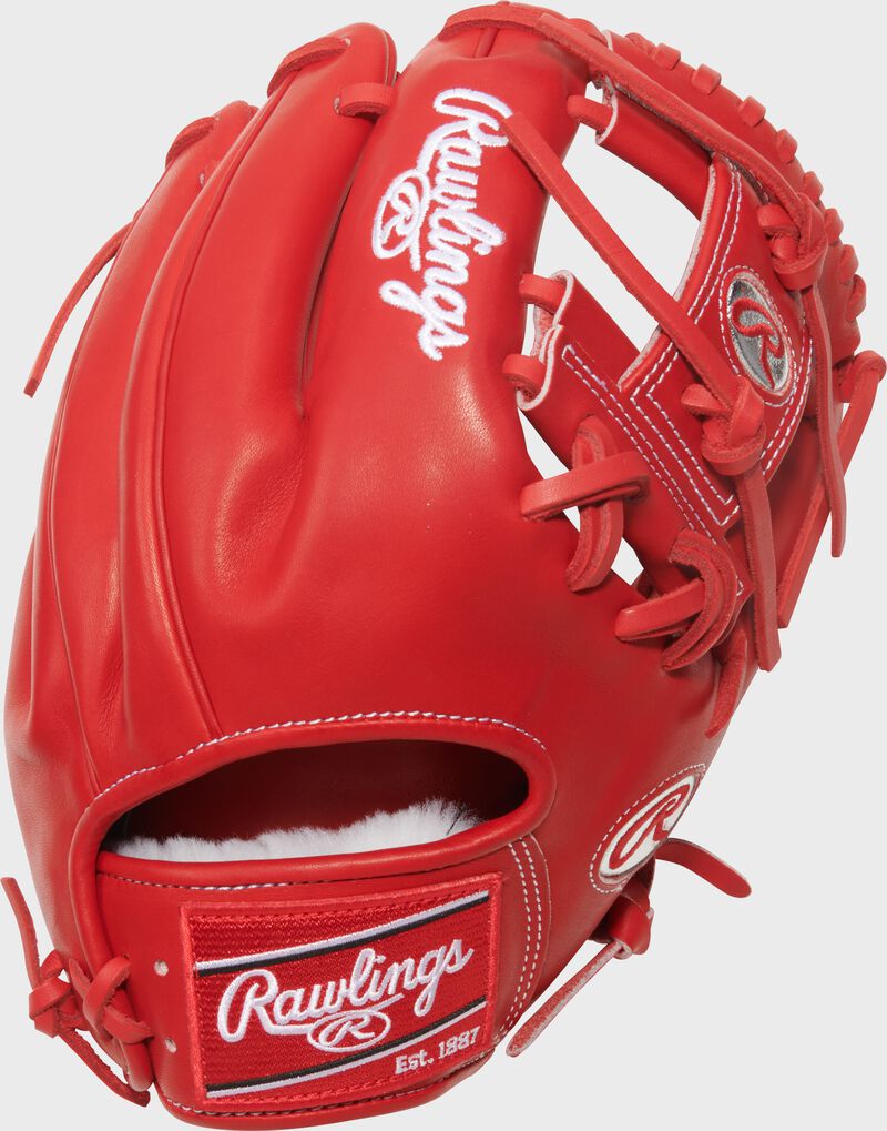 Scarlet back of a Gameday 57 Series Andrés Giménez Pro Preferred Glove with a red Rawlings patch loading=