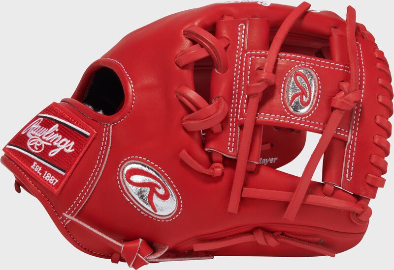 Thumb of a scarlet Gameday 57 Series Andrés Giménez Pro Preferred Glove with a platinum Oval-R and scarlet I-web loading=