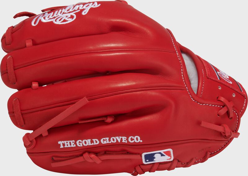 Scarlet back of a Gameday 57 Series Andrés Giménez Pro Preferred Glove with the MLB logo on the pinky loading=