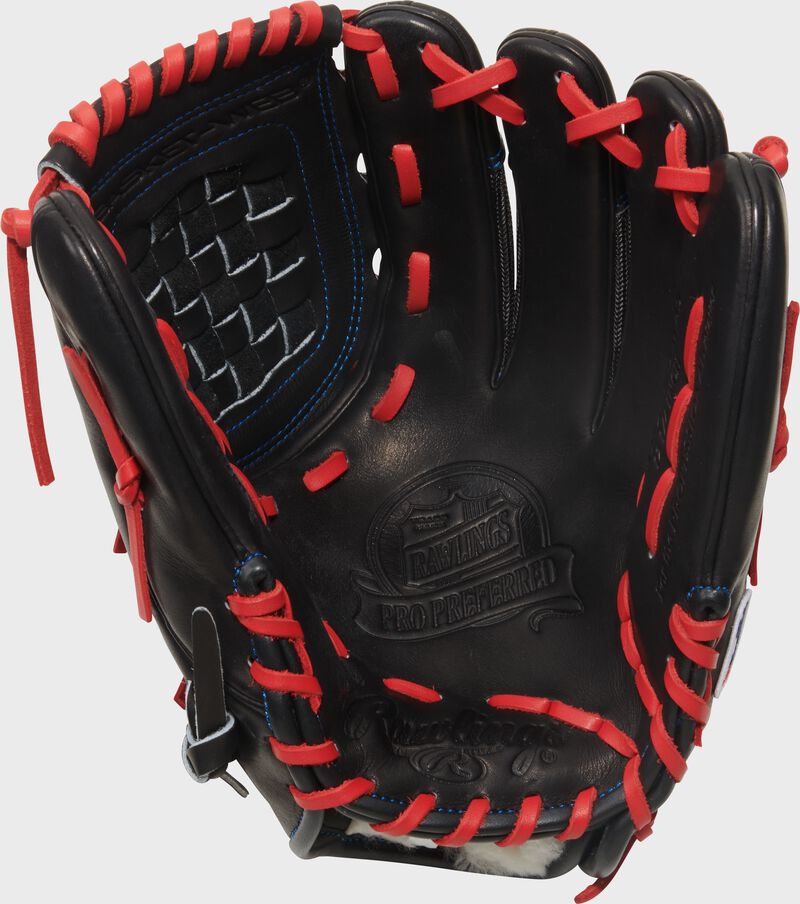 Black palm of a Rawlings Gameday 57 Series Zack Wheeler Pro Preferred Glove with scarlet laces loading=