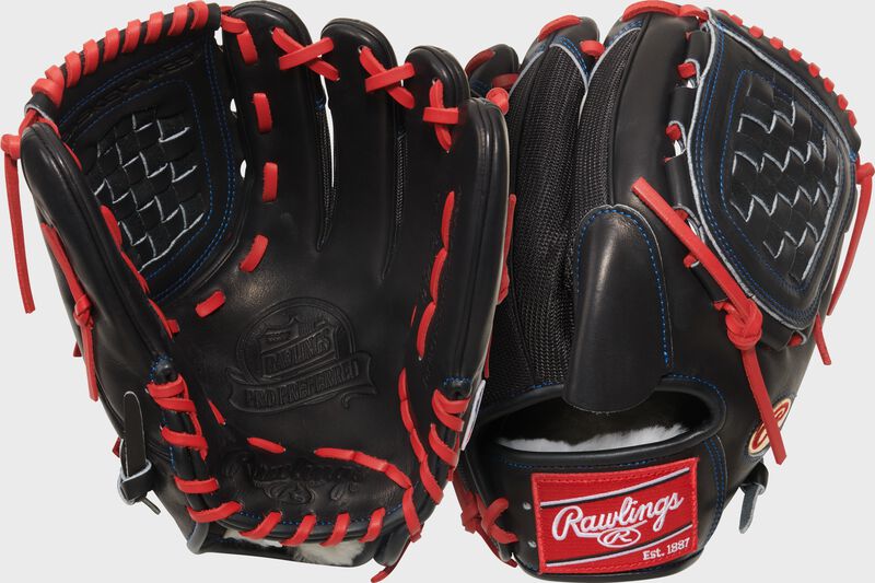 Two images showing the palm & back of a black Gameday 57 Series Zack Wheeler Pro Preferred Glove loading=
