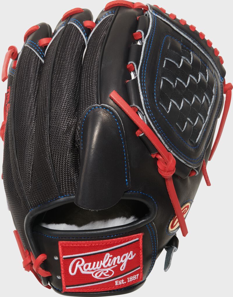 Black mesh back of a Gameday 57 Series Zack Wheeler Pro Preferred Glove with a red Rawlings patch loading=