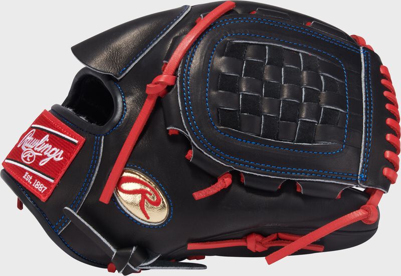 Thumb of a black Gameday 57 Series Zack Wheeler Pro Preferred Glove with a gold Oval-R and black Basket web loading=