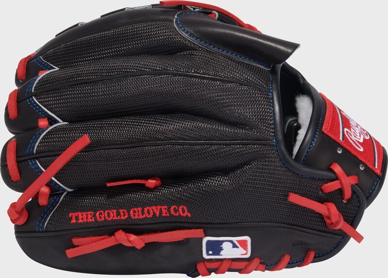 Black mesh back of a Gameday 57 Series Zack Wheeler Pro Preferred Glove with the MLB logo on the pinky loading=