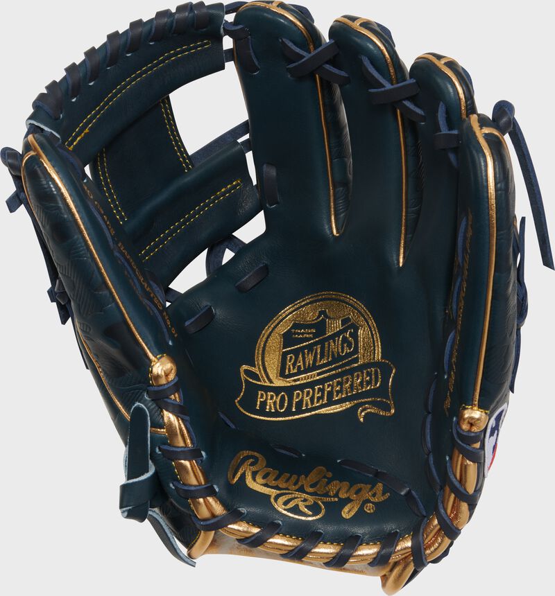 Navy palm of a Gameday 57 Series Anthony Volpe Pro Preferred glove with gold stamping and navy laces loading=