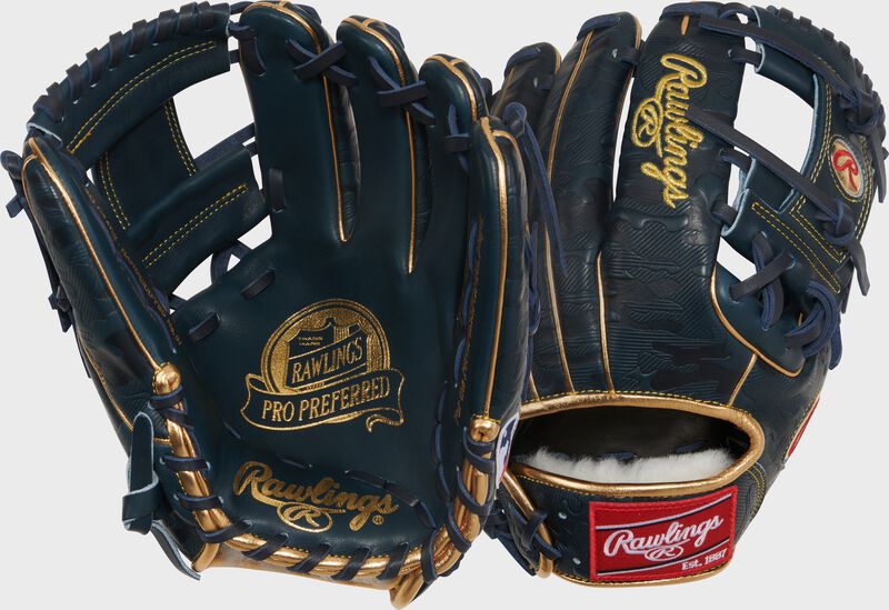Two images showing the palm & back of a navy Gameday 57 Series Anthony Volpe Pro Preferred glove loading=