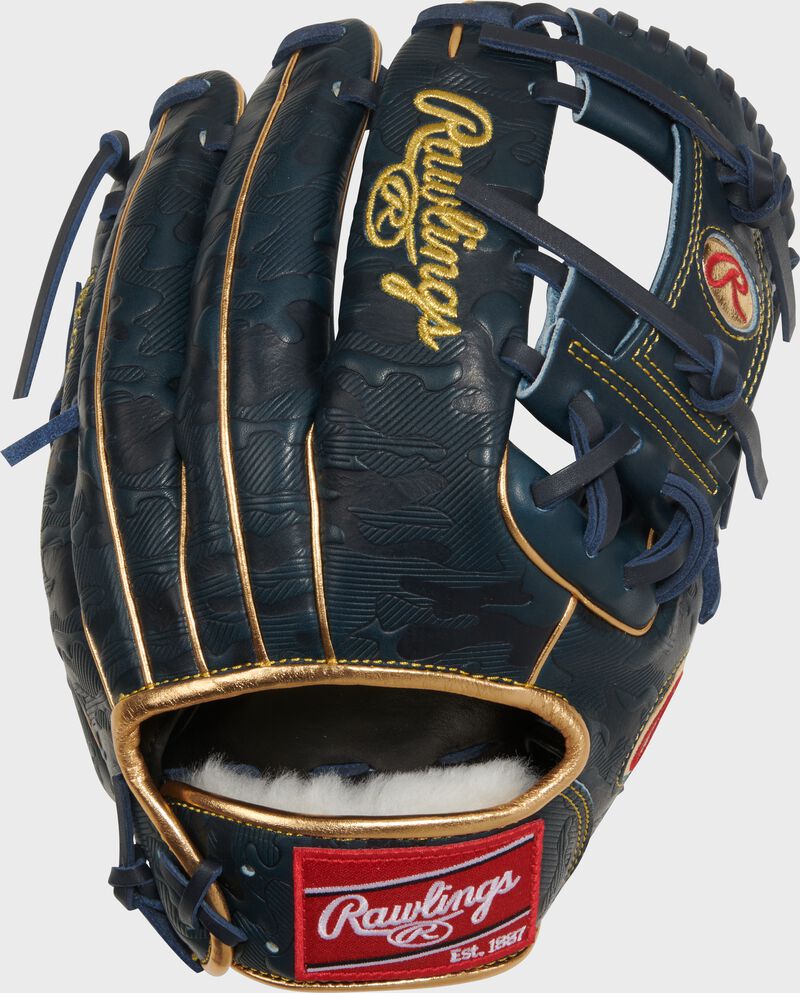 Geo-print navy back of a Rawlings Gameday 57 Series Anthony Volpe Pro Preferred glove loading=