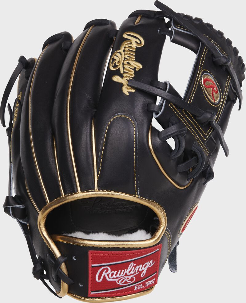 Back of a black JP Crawford Gameday 57 Series I-web Pro Preferred glove with a red Rawlings patch - SKU: RPROS2175-2JC loading=