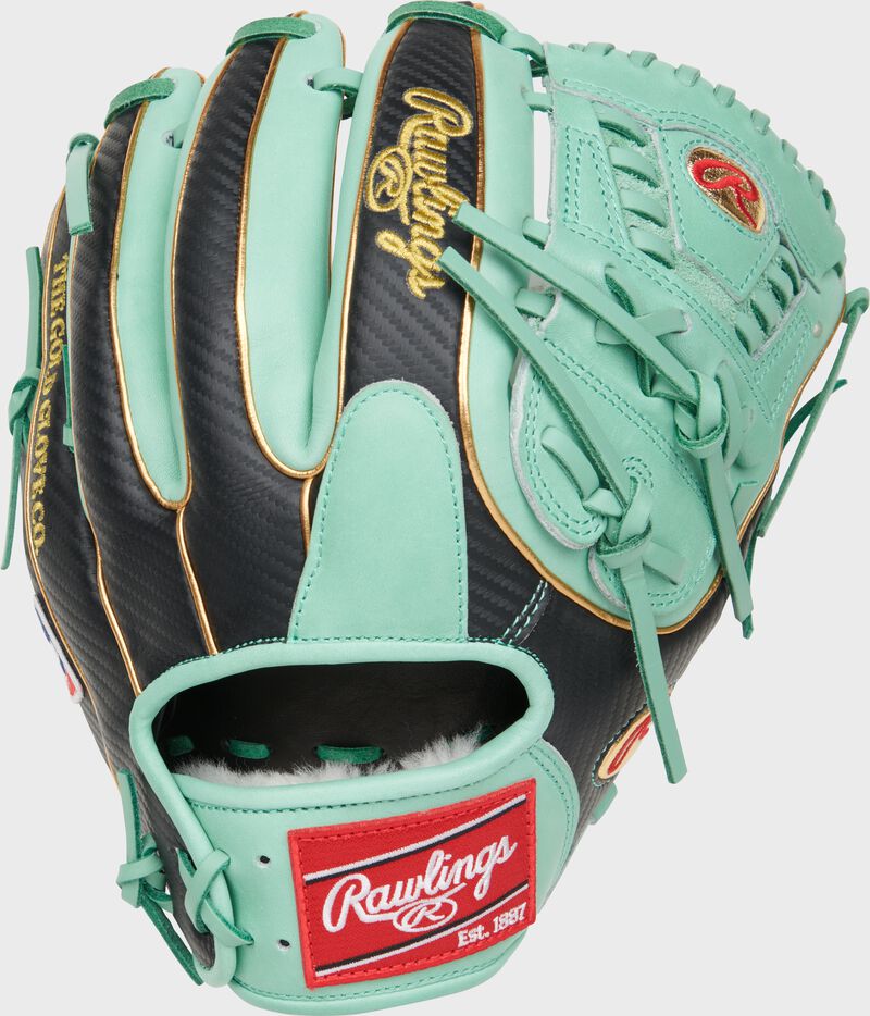 Back of a Kolten Wong Gameday 57 Pro Preferred glove with a red Rawlings patch - SKU: PROS314-30KW loading=