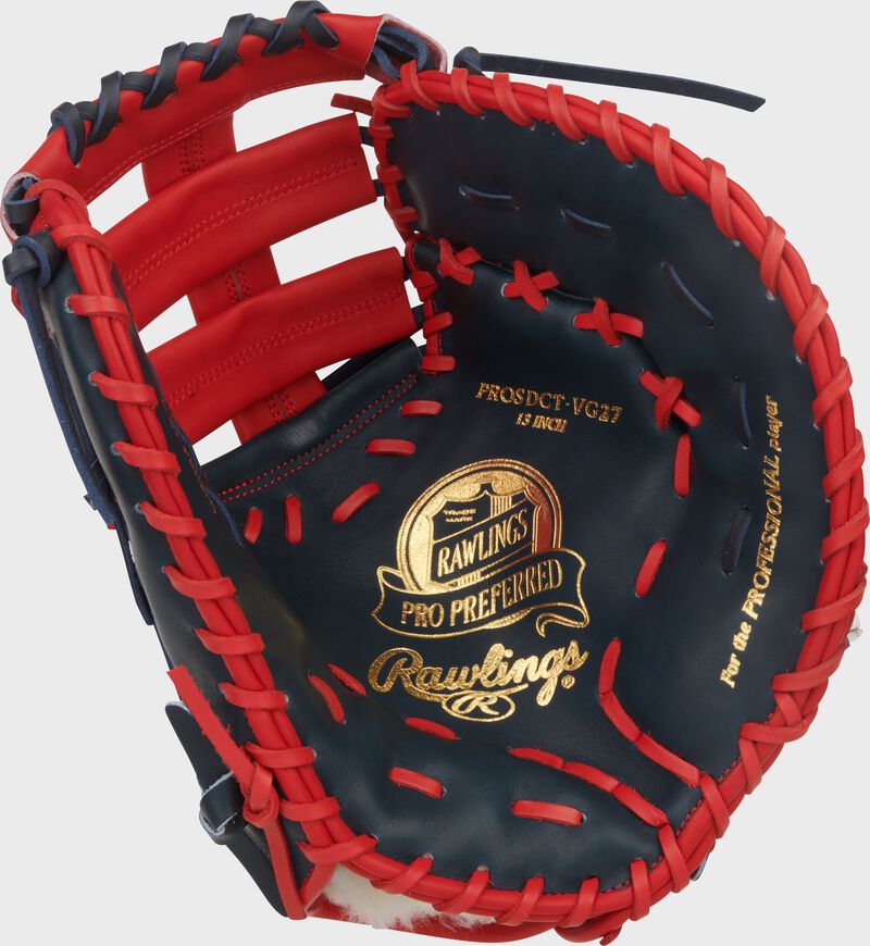 Navy palm of a Rawlings Gameday 57 Series Vladimir Guerrero Pro Preferred 1st base mitt with gold stamping with scarlet laces loading=
