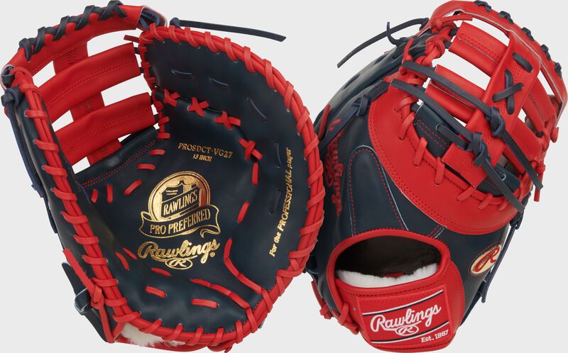 Two images showing the palm & back of a navy/scarlet Gameday 57 Series Vladimir Guerrero Pro Preferred 1st base mitt loading=