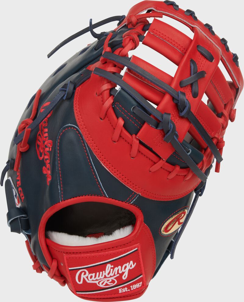 Navy/scarlet back of a Gameday 57 Series Vladimir Guerrero Pro Preferred 1st base mitt with a red Rawlings patch loading=