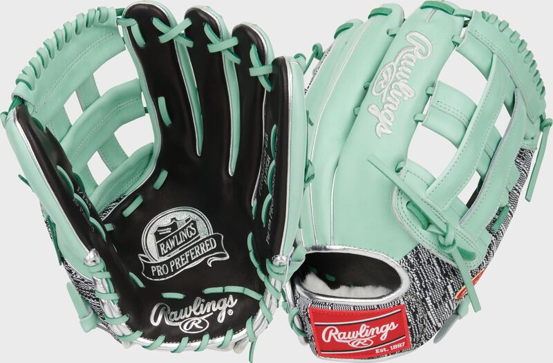 2 images showing the palm and back of a Gameday 57 Series Byron Buxton Pro Preferred outfield glove loading=