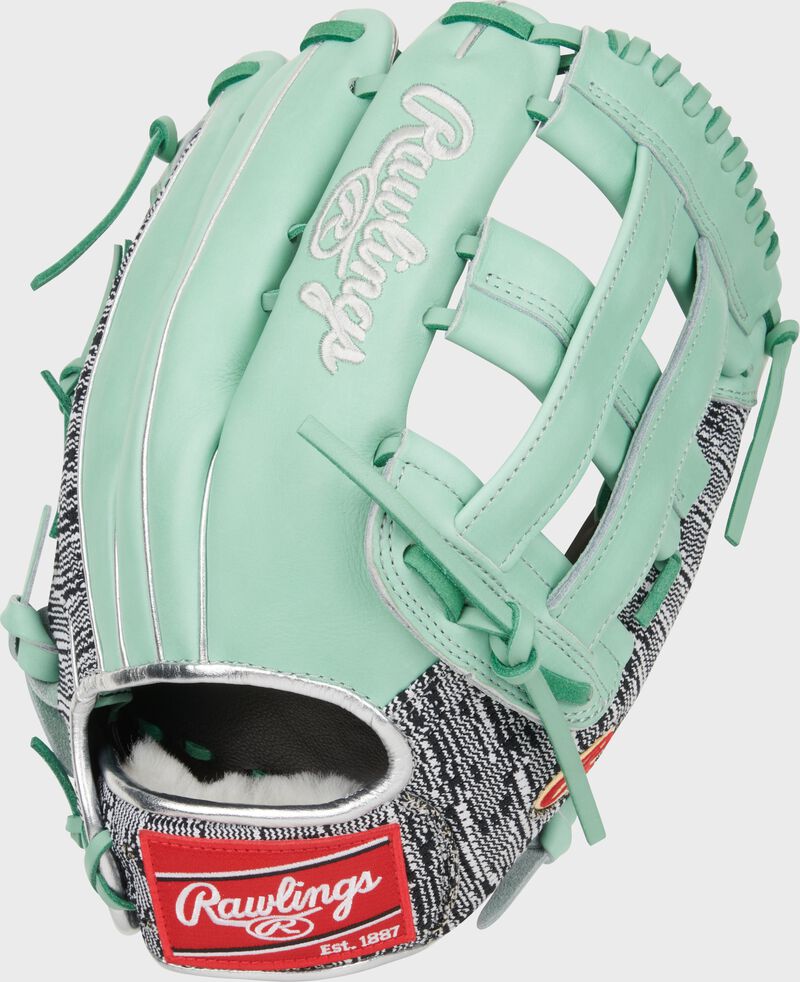 Ocean mint back of a Byron Buxton Gameday 57 Pro Preferred outfield glove with a red Rawlings patch loading=
