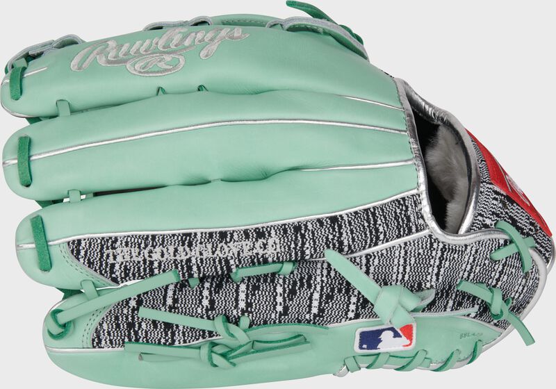 Ocean mint back of a Gameday 57 Byron Buxton glove with zebra knit pinky loading=