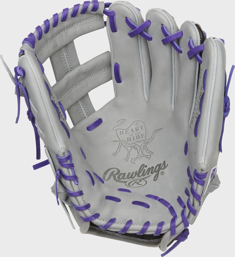 Gray palm of a Rawlings Colorado Rockies HOH glove with purple laces - SKU: RSGPROTT2-20COL loading=