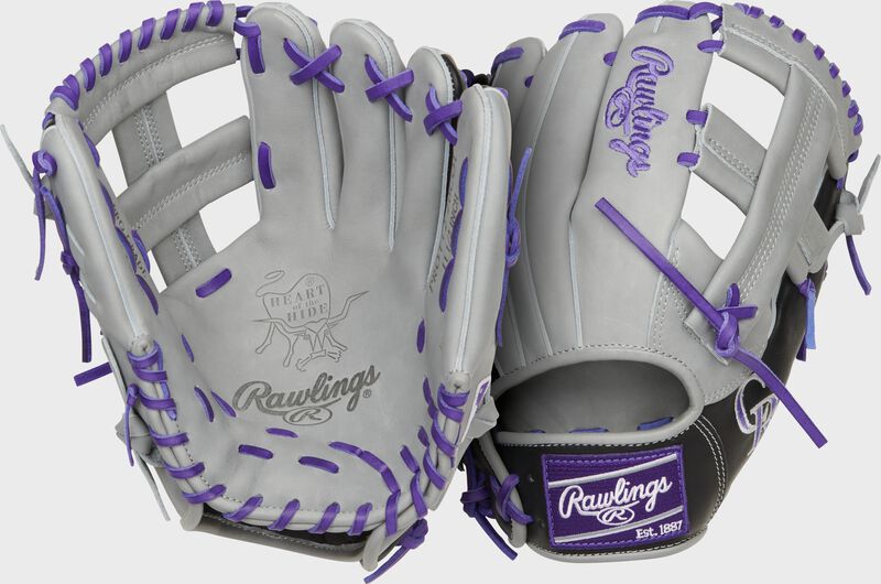 Two images showing the palm & back of a gray/black Colorado Rockies Heart of the Hide glove loading=