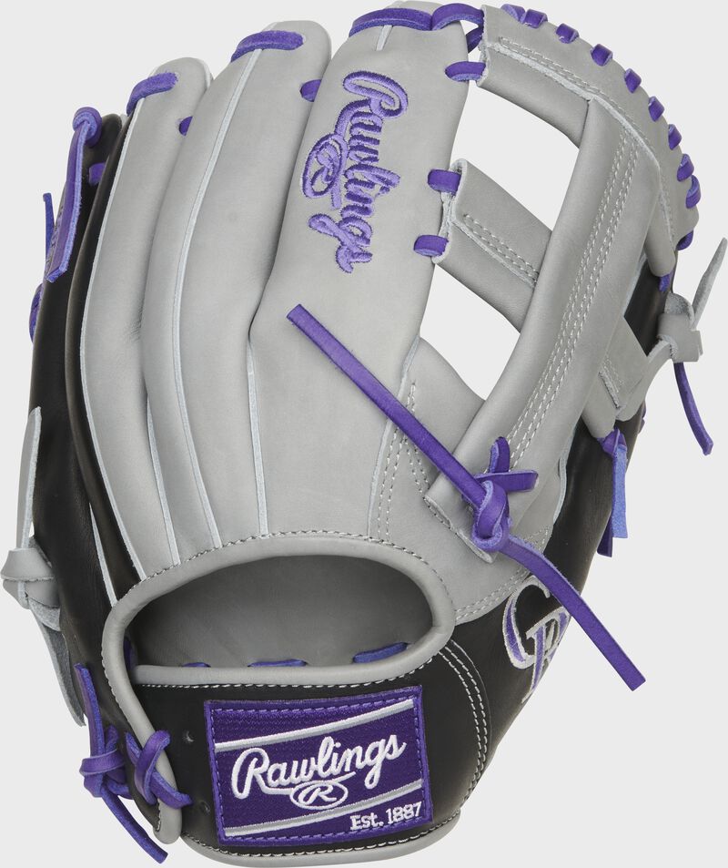 Gray back of a Colorado Rockies Heart of the Hide infield glove with a purple Rawlings patch - SKU: RSGPROTT2-20COL loading=