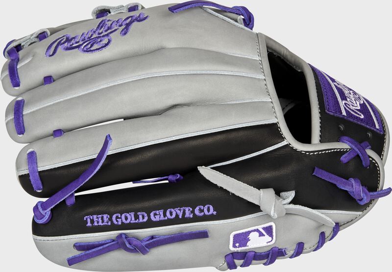 Gray/black back of a Colorado Rockies Heart of the Hide infield glove with the MLB logo on the pinky - SKU: RSGPROTT2-20COL loading=