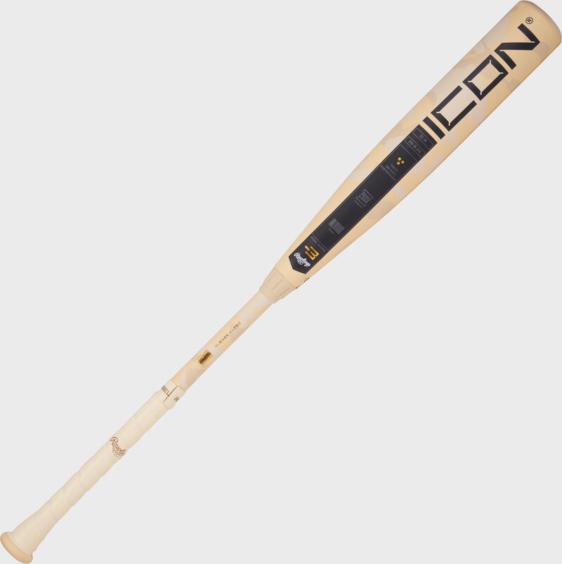 A tan camo 2025 Rawlings Icon BBCOR -3 baseball bat loading=