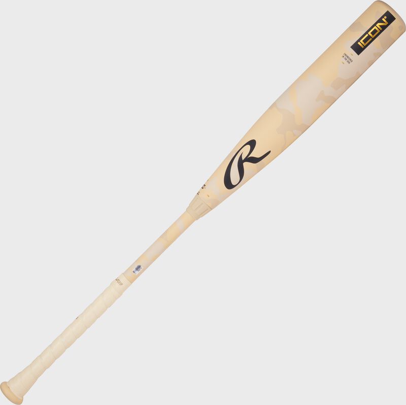 A tan camo 2025 Rawlings Icon BBCOR baseball bat loading=