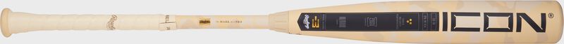 A tan camo Rawlings 2025 Icon BBCOR bat with the handle on the left and barrel on the right loading=