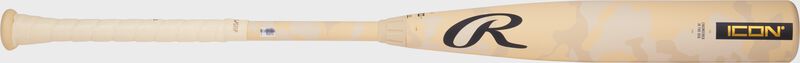 A tan Rawlings 2025 Icon BBCOR bat with a black "R" logo by the handle loading=