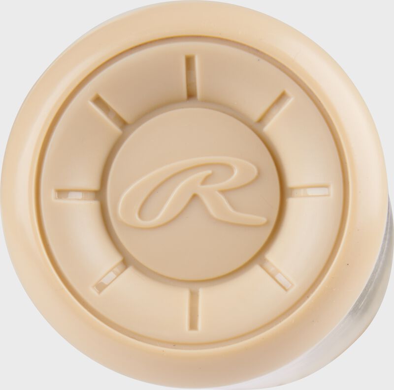 Tan end cap of a Rawlings 2025 Icon BBCOR bat with a "R" logo in the middle loading=