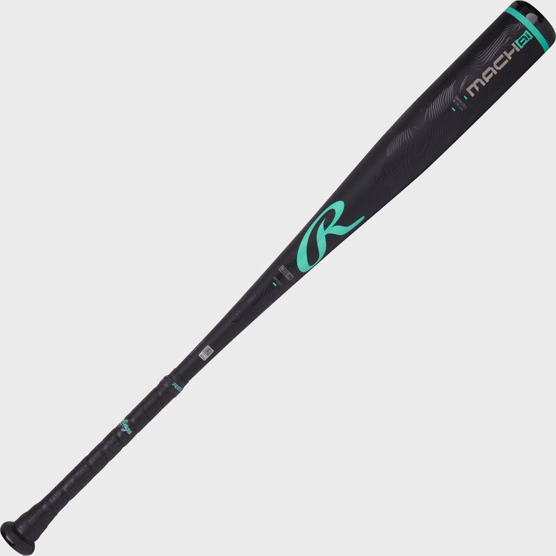 A black/mint 2025 Mach AI BbCOR bat with a mint "R" logo above the handle loading=