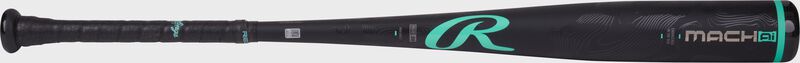 A black/mint 2025 Mach AI BBCOR -3 bat with the grip on the left and barrel on the right loading=