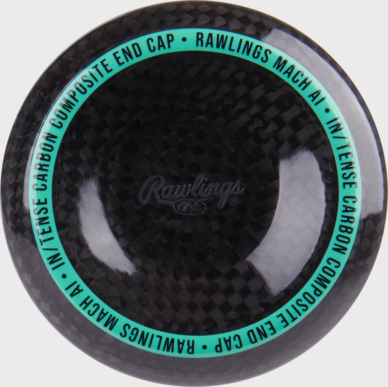 Black/mint end cap of a Rawlings Mach AI BBCOR baseball bat loading=