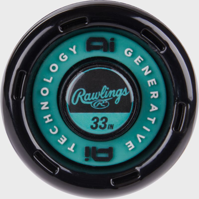 Black/mint knob of a 33" Mach AI BBCOR baseball bat loading=
