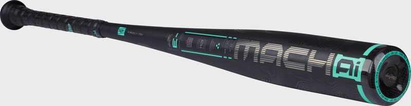 Angled view of a black/mint 2025 Rawlings Mach AI BBCOR bat loading=