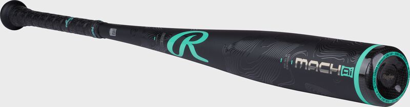 Angled view of a black/mint 2025 Rawlings Mach AI BBCOR baseball bat loading=