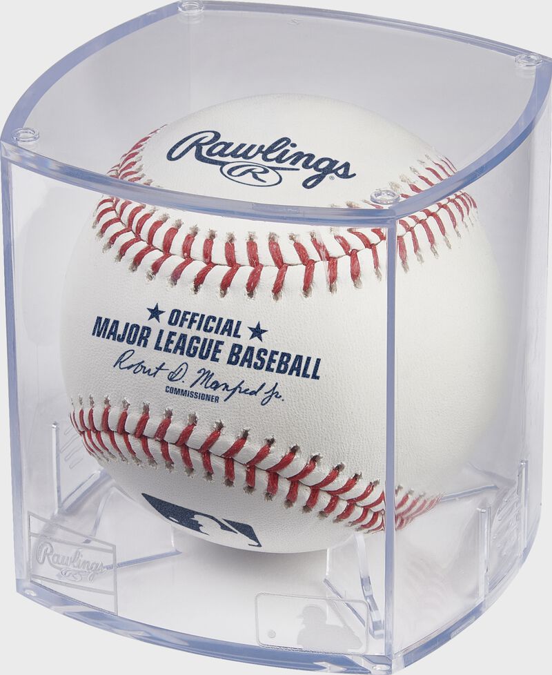 A baseball in a clear Rawlings baseball display cube loading=