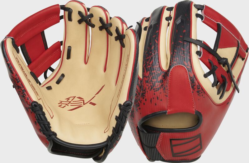 2 views showing the palm/back of a black/camel/scarlet Rawlings REV1X 11.5" I-web infield glove - SKU: REV204-2XCS loading=