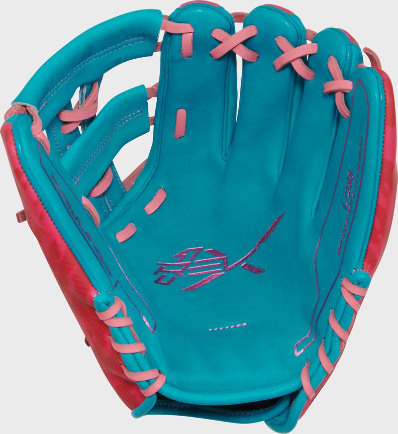 Teal leather palm of a Rawlings Electric Unicorn REV1X 11.5" glove with pink laces loading=