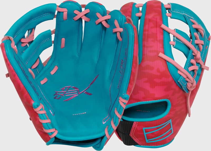 Two images showing the palm & back of a pink/teal Rawlings Electric Unicorn REV1X 11.5" glove loading=