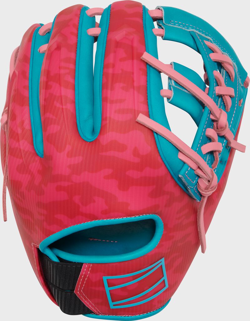 Pink back of a Rawlings Electric Unicorn REV1X 11.5" glove loading=