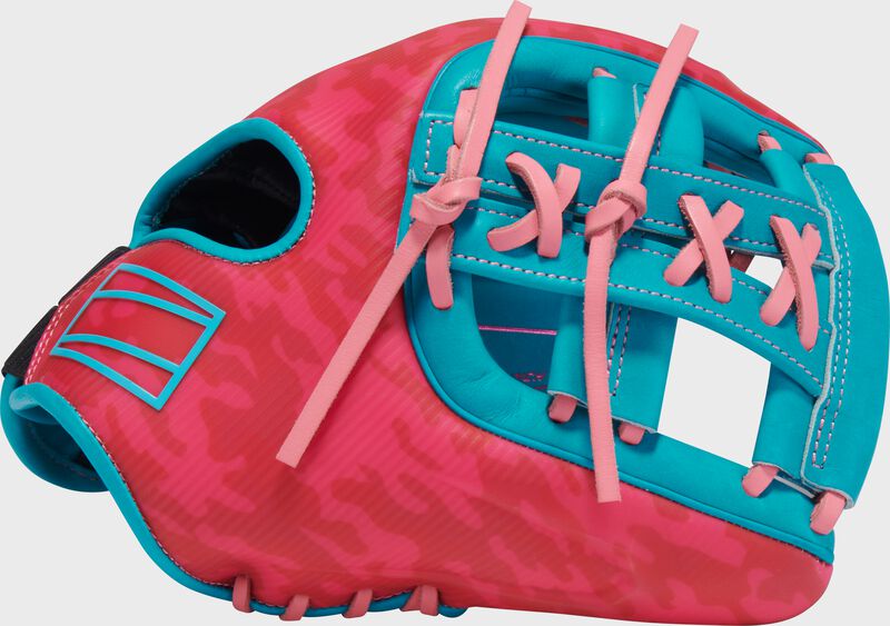 Thumb of a pink Rawlings Electric Unicorn REV1X 11.5" glove with a teal split laced single post web loading=