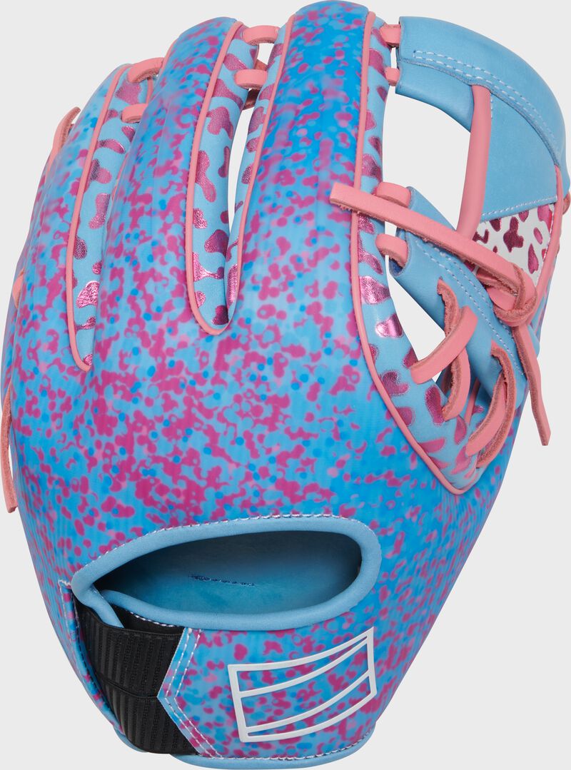 Back of a Columbia blue/pink Rawlings exclusive REV1X 11.75" infield glove loading=